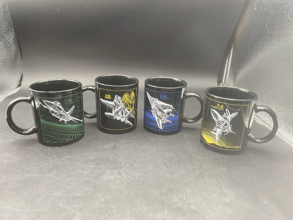 Set Of 4 Vintage 1988 Blackbird Fighter Jets Mugs F 16-F 15 -F 14-F 4